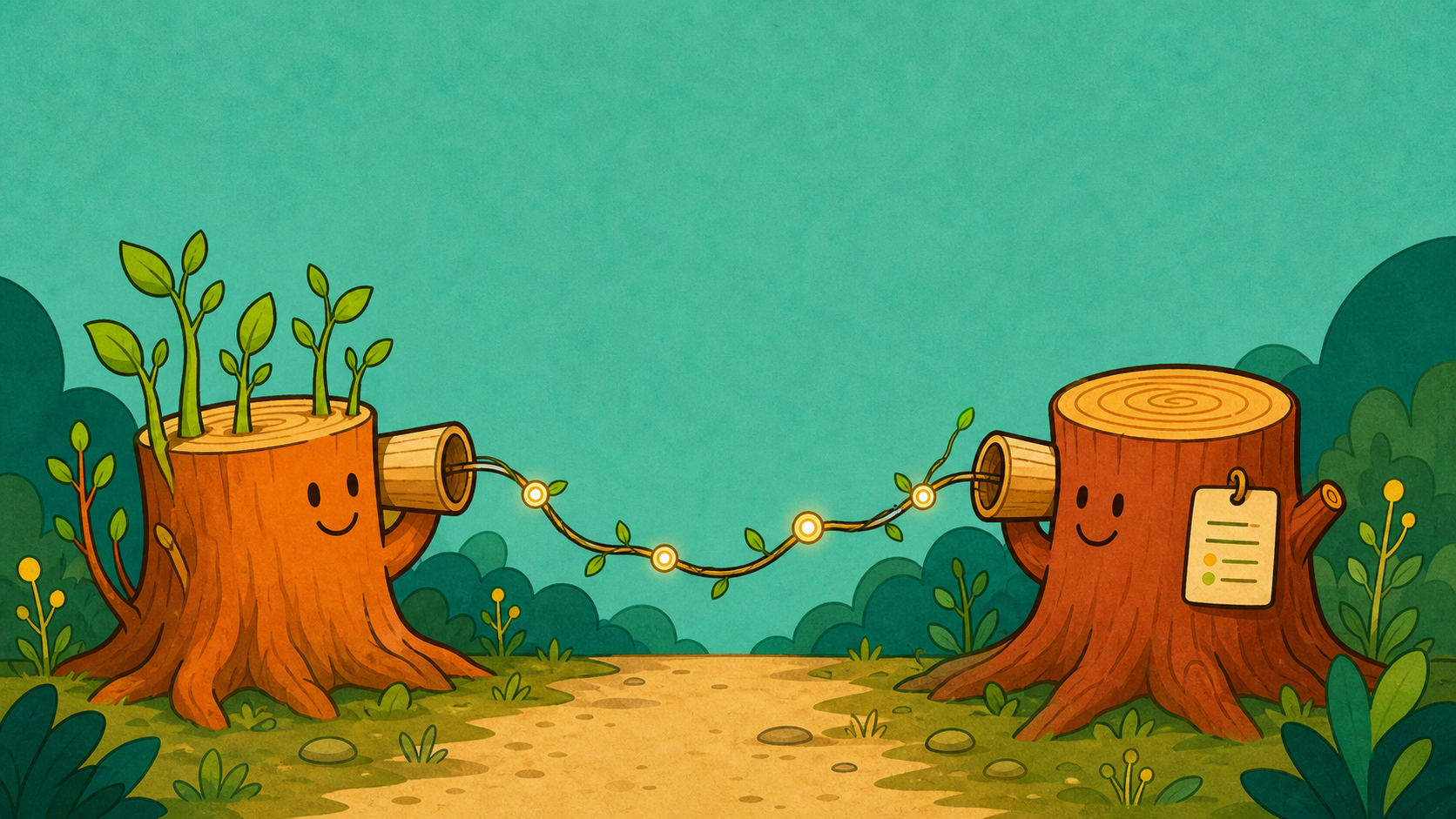 Illustrated coppiced tree stumps sharing a simple signal line in a woodland clearing.