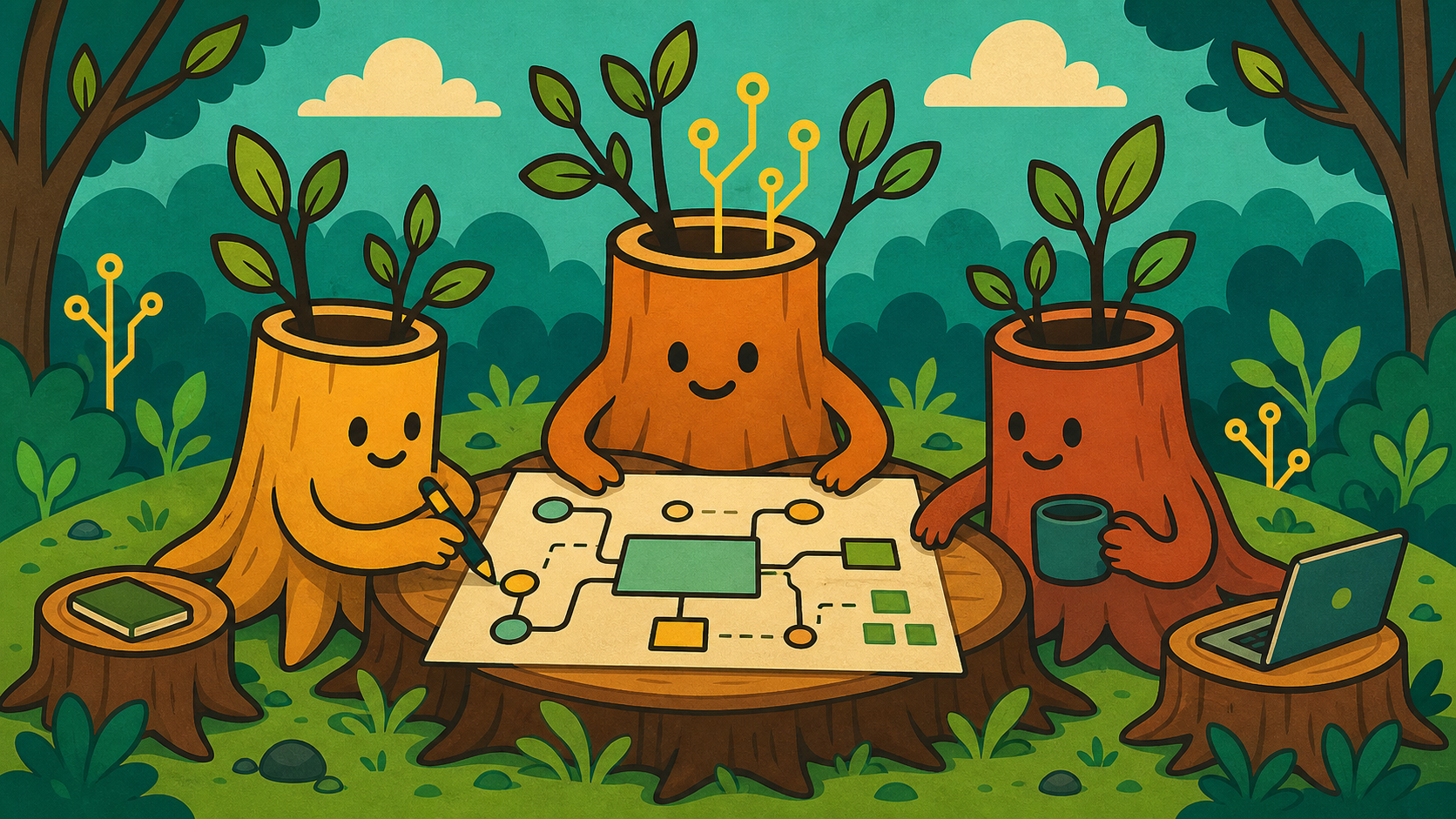 Illustrated coppiced tree stump characters working together around a product map in a woodland clearing.